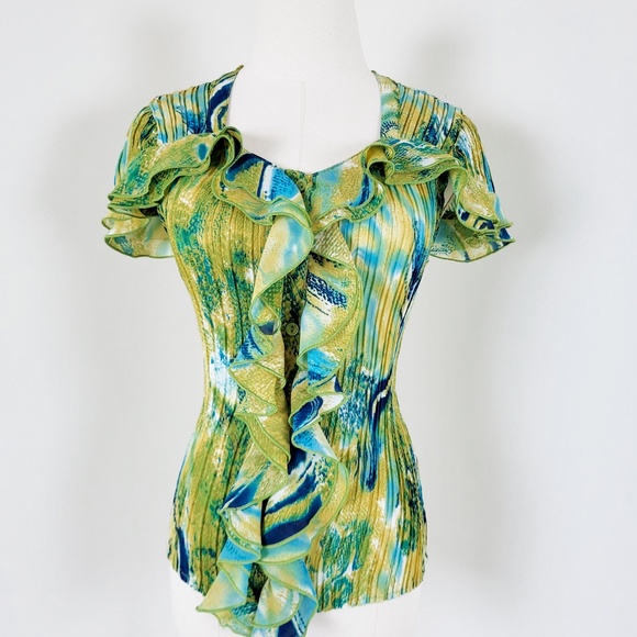 Y2K Abstract Ruffle Blouse Flutter Sleeve Short Sleeve Button Down - Picture 2 of 8